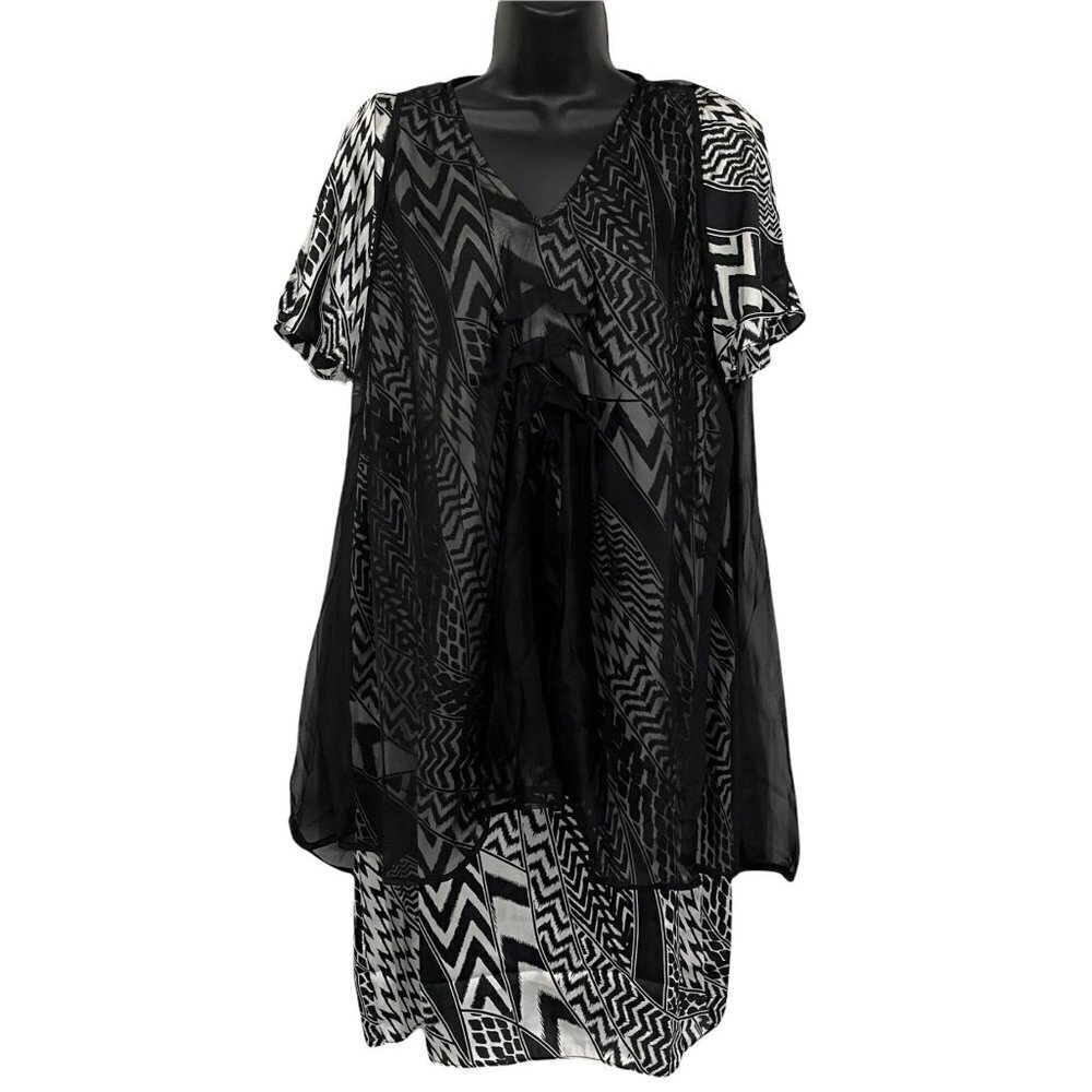 Jerry T New York Dress Black White Geometric Sheer Overlay